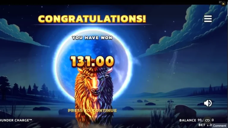 Tampilan visual slot Bison Moon: Thunder Charge dengan latar belakang badai dan simbol bison yang ikonik.