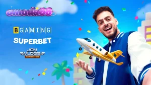 Tampilan visual pesawat dalam game Jon Vlogs Aviamasters dengan latar belakang kota ikonik.